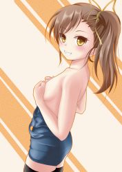 Rule 34 | 1girl, black thighhighs, blush, breasts, brown hair, clothes pull, covering privates, covering breasts, fuku d, futami mami, grin, hair ribbon, highres, idolmaster, idolmaster (classic), looking at viewer, one-piece swimsuit, one-piece swimsuit pull, ribbon, school swimsuit, side ponytail, smile, solo, swimsuit, thighhighs, yellow eyes
