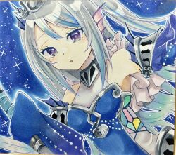 Rule 34 | 1girl, blue background, blue dress, blush, dress, duel monster, fins, grey hair, head fins, highres, holding, holding sword, holding weapon, long hair, marker (medium), outline, parted lips, purple eyes, sky, sleeves past wrists, solo, star (sky), starry sky, sword, tearlaments scheiren, tiara, traditional media, twintails, ukyou kuro, weapon, white outline, yu-gi-oh!