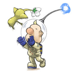 Rule 34 | 1boy, backpack, bag, big nose, blonde hair, blue bag, blue gloves, blue light, buttons, closed eyes, colored skin, commentary request, flower, from behind, full body, gloves, helmet, louie (pikmin), naru (wish field), nintendo, open mouth, outstretched arms, patch, pikmin (creature), pikmin (series), pointy ears, radio antenna, shadow, short hair, simple background, space helmet, spacesuit, speed lines, throwing, very short hair, white background, white flower, yellow pikmin, yellow skin