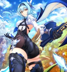 Rule 34 | 1girl, absurdres, ass, black hairband, black shorts, black thighhighs, blue hair, blue sky, brown eyes, cloud, commentary, commentary request, cowboy shot, day, eula (genshin impact), foreshortening, genshin impact, gloves, hair ornament, hairband, harukey, high-waist shorts, highres, holding, juliet sleeves, long sleeves, looking at viewer, medium hair, outdoors, puffy sleeves, shirt, shorts, sky, solo, standing, thighhighs, thighs, white shirt, wide sleeves