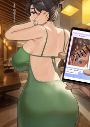 Rule 34 | 1boy, 1girl, absurdres, backless dress, backless outfit, bare shoulders, black hair, breasts, cellphone, cellphone photo, cheating (relationship), dress, fellatio, from behind, green dress, highres, housewife, juxtaposition, large breasts, maskwolf, mature female, mole, mole on breast, netorare, netorase, oral, original, penis, phone, photo comparison, restaurant, sleeveless, sleeveless dress, tight clothes, tight dress, translated, watch, wristwatch