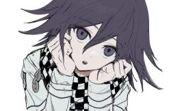 Rule 34 | 1boy, :o, checkered clothes, checkered neckwear, checkered scarf, danganronpa (series), danganronpa v3: killing harmony, grey background, grey jacket, hair between eyes, hands on own cheeks, hands on own face, hands up, highres, jacket, long sleeves, looking at viewer, male focus, open mouth, oma kokichi, scarf, simple background, solo, teeth, upper body, upper teeth only, vo1ez, white background