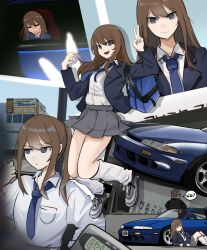 Rule 34 | 1girl, ?, absurdres, airborne, asamiya mariko, backpack, bag, blazer, blue jacket, car, clenched hand, collared shirt, grey footwear, hair behind ear, highres, holeecrab, jacket, leg warmers, long hair, looking at viewer, looking to the side, motor vehicle, multiple views, nissan, nissan s14 silvia, nissan silvia, original, pleated skirt, ponytail, shirt, shoes, sitting, skirt, sleeping, smile, sneakers, speech bubble, spoken question mark, v, v-shaped eyebrows, white leg warmers, white shirt