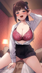 Rule 34 | 1boy, 1girl, absurdres, black bow, black skirt, blush, bow, bra, breasts, brown hair, cleavage, clothes lift, collarbone, collared shirt, commentary request, girl on top, hair bow, hair ornament, hetero, highres, karaage bou, large breasts, lingerie, long hair, looking at viewer, miniskirt, open clothes, open mouth, open shirt, original, panties, pleated skirt, ponytail, purple eyes, red bra, red panties, shirt, sidelocks, skirt, skirt lift, smile, tongue, underwear, white shirt