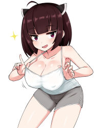 Rule 34 | 1girl, :d, ahoge, alternate breast size, bare arms, bare shoulders, blunt bangs, bob cut, breasts, brown eyes, brown hair, camisole, cleavage, collarbone, covered erect nipples, grey shorts, hands up, headgear, highres, index finger raised, jitome, large breasts, leaning forward, legs apart, looking at viewer, medium hair, naughty face, no bra, open mouth, pulled by self, satou (su9arsatou), short shorts, shorts, simple background, smile, solo, spaghetti strap, standing, strap pull, touhoku kiritan, voiceroid, white background, white camisole