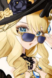 Rule 34 | 1girl, bare shoulders, black hat, blonde hair, blue eyes, blue nails, commentary, drill hair, drill sidelocks, genshin impact, hat, highres, jewelry, kaede (kristallfantasie), long hair, looking at viewer, nail polish, navia (genshin impact), necklace, parted lips, portrait, sidelocks, solo, sunglasses