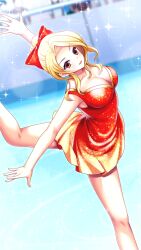 Rule 34 | 1girl, bare arms, bare legs, blonde hair, bow, breasts, brown eyes, doukyuusei another world, dress, figure skating, figure skating dress, game cg, gradient dress, hair bow, hair intakes, ice skating, kakyuusei, large breasts, leg up, long hair, official art, open mouth, orange dress, outstretched arm, red bow, shindou reiko, short dress, skating, sleeveless, sleeveless dress, solo, yellow dress