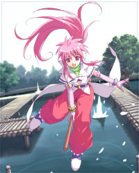 Rule 34 | 1girl, :d, arche klein, broom, broom riding, dock, elbow gloves, flying, gloves, long hair, open mouth, pants, pink eyes, pink hair, pink pants, ponytail, smile, solo, tales of (series), tales of phantasia, yakka