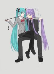 Rule 34 | 1boy, 1girl, arms behind back, character name, collar, grey background, hatsune miku, kamui gakupo, leash, long hair, nyakelap, pantyhose, purple hair, simple background, skirt, smile, twintails, very long hair, vocaloid