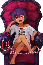 Rule 34 | 1girl, :d, arm support, armchair, barefoot, black hair, chair, dark-skinned female, dark skin, fangs, feet, female focus, full body, gem, hair flaps, jahy, jahy-sama wa kujikenai!, jewelry, konbu wakame, crossed legs, long hair, looking at viewer, naked shirt, necklace, off shoulder, open mouth, oversized clothes, red eyes, revision, shirt, short sleeves, simple background, sitting, smile, soles, solo, toes, v-shaped eyebrows, very long hair, white background, white shirt
