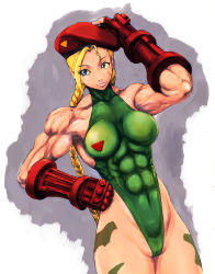 Rule 34 | 1girl, abs, ahoge, antenna hair, beret, blonde hair, blue eyes, braid, breasts, cameltoe, cammy white, camouflage, capcom, fingerless gloves, gloves, hand on own hip, hat, huge ahoge, impossible clothes, leotard, long hair, muscular, muscular female, scar, shopyun, skin tight, narrow waist, solo, street fighter, thong leotard, twin braids