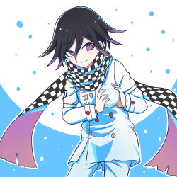 1boy arm_belt black_hair buttons checkered_clothes checkered_scarf closed_mouth commentary_request danganronpa_(series) danganronpa_v3:_killing_harmony flipped_hair hair_between_eyes highres holding holding_snowball long_sleeves looking_at_viewer male_focus multicolored_buttons oma_kokichi outline pants piatin purple_eyes purple_hair scarf short_hair simple_background smile snowball snowing solo straitjacket two-tone_scarf upper_body white_outline winter