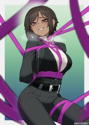 Rule 34 | 1girl, artist name, belt, black belt, black jacket, black pants, border, bound, breasts, brown eyes, brown hair, commentary, e.g.o (project moon), ear piercing, gradient background, green background, highres, jacket, k3nnyn3v, limbus company, outis (project moon), outside border, pants, piercing, pink shoes (project moon), project moon, purple ribbon, ribbon, short hair, smile, solo, squinting, symbol-only commentary, teeth, tied up (nonsexual), white border