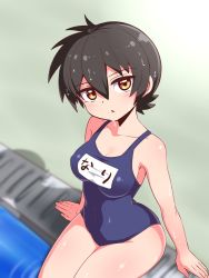 Rule 34 | 1girl, black hair, breasts, cougar (cougar1404), covered navel, looking at viewer, medium breasts, nari (cougar1404), one-piece swimsuit, original, shadow, short hair, sitting, solo, swimsuit, yellow eyes
