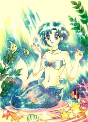 Rule 34 | 1girl, :d, bad id, bad pixiv id, bare arms, bare shoulders, bikini, bishoujo senshi sailor moon, blue eyes, blue hair, blurry, bubble, choker, collarbone, female focus, fish, fukujaku, jewelry, looking at viewer, marker (medium), mermaid, midriff, mizuno ami, monster girl, navel, neck, necklace, open mouth, parted lips, shell, short hair, smile, solo, sparkle, star (symbol), starfish, strapless, swimsuit, tail, traditional media, underwater
