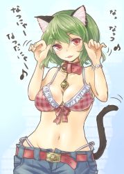 Rule 34 | 1girl, alternate costume, animal ears, bad id, bad pixiv id, bare shoulders, bell, belt, bra, breasts, cat ears, cat tail, claw pose, cleavage, collar, collarbone, denim, fake animal ears, fang, frills, green hair, highleg, highleg panties, highres, jeans, kazami yuuka, kemonomimi mode, lace, lace-trimmed bra, lace trim, large breasts, looking at viewer, midriff, navel, neck bell, panties, pants, plaid, plaid bra, red eyes, ribbon, shironeko yuuki, short hair, smile, solo, tail, text focus, touhou, unbuttoned, underwear, wavy hair, wide hips, wristband