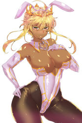 Rule 34 | 1girl, animal ears, artoria pendragon (fate), artoria pendragon (lancer alter) (fate), bare shoulders, black pantyhose, blonde hair, blush, braid, breasts, brown eyes, cleavage, closed mouth, colored eyelashes, contrapposto, covered navel, cowboy shot, crown, crown braid, curvy, dark-skinned female, dark skin, detached collar, elbow gloves, fake animal ears, fate/grand order, fate (series), french braid, gloves, gluteal fold, gold trim, hair between eyes, hand on own hip, highleg, highleg leotard, highres, large breasts, leotard, long hair, nose blush, pantyhose, playboy bunny, rabbit ears, shiny clothes, side braid, simple background, skin tight, smile, solo, standing, strapless, strapless leotard, wakura (gcdan), white background, white gloves, white leotard, yellow eyes