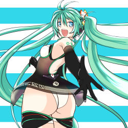 Rule 34 | 1girl, aqua eyes, ass, elbow gloves, gloves, green hair, hatsune miku, leotard, long hair, looking back, minazuki itto, open mouth, outstretched arm, race queen, racing miku, racing miku (2011), solo, striped, striped background, twintails, very long hair, vocaloid