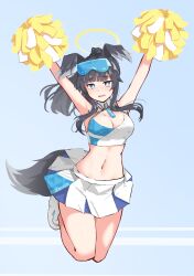 Rule 34 | 1girl, animal ears, armpits, arms up, black hair, blue archive, breaaad, breasts, cheerleader, cleavage, commentary request, detached collar, dog ears, dog girl, dog tail, eyewear on head, grey eyes, hair between eyes, halo, hibiki (blue archive), hibiki (cheer squad) (blue archive), highres, holding, holding pom poms, jumping, large breasts, long hair, looking at viewer, millennium cheerleader outfit (blue archive), navel, official alternate costume, parted lips, pleated skirt, pom pom (cheerleading), pom poms, ponytail, sidelocks, simple background, skirt, sleeveless, sneaking, solo, stomach, sunglasses, tail, wavy mouth, white background