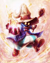 Rule 34 | 1boy, absurdres, baggy pants, belt buckle, black mage (final fantasy), blue coat, boots, brown footwear, brown gloves, buckle, coat, commentary, english commentary, final fantasy, final fantasy ix, fire, full body, gloves, hat, hat belt, high collar, highres, holding, holding staff, light particles, looking at viewer, magic, male focus, outstretched arms, pants, signature, solo, staff, striped clothes, striped pants, tylor hepner, vivi ornitier, wizard hat, yellow eyes, yellow hat