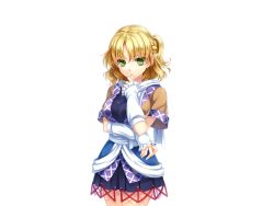 Rule 34 | 1girl, arm warmers, biting, biting own thumb, blonde hair, breasts, female focus, game cg, green eyes, looking at viewer, mizuhashi parsee, pointy ears, riv (rivleaf), scarf, short hair, short sleeves, solo, biting own thumb, touhou, transparent background