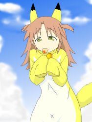 Rule 34 | 10s, 1girl, animal ears, brown hair, cloud, costume, eating, female focus, food, gobanme no mayoi neko, highres, infinite stratos, long hair, nohotoke honne, outdoors, short twintails, sky, sleeves past wrists, solo, tail, tears, tongue, twintails, yellow eyes