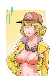 Rule 34 | 10s, 1girl, blonde hair, bra, breasts, cidney aurum, cleavage, cropped jacket, covered erect nipples, final fantasy, final fantasy xv, gezuntaito, green eyes, hat, jacket, looking at viewer, navel, open clothes, open jacket, popped collar, smile, solo, stomach, underwear, upper body