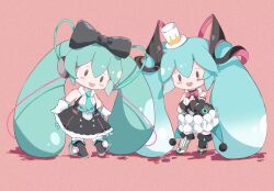 Rule 34 | 2girls, :d, absurdly long hair, asymmetrical legwear, black bow, black eyes, black skirt, black thighhighs, blue hair, blue necktie, blush stickers, bow, bowtie, chibi, collared shirt, dual persona, frilled skirt, frills, green hair, hair between eyes, hair bow, hair ornament, hat, hatsune miku, headphones, long hair, magical mirai (vocaloid), magical mirai miku, magical mirai miku (2016), magical mirai miku (2019), mini hat, mini top hat, multiple girls, necktie, number tattoo, open mouth, own hands together, pink background, raised eyebrows, red bow, red bowtie, shadow, shirt, sidelocks, simple background, skirt, sleeveless, sleeveless shirt, smile, solid eyes, striped clothes, striped thighhighs, sunfish3939, tattoo, thighhighs, top hat, traditional bowtie, twintails, very long hair, vocaloid, white headwear, white shirt, white skirt