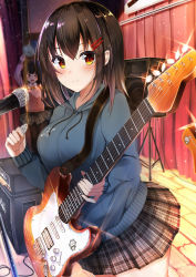 Rule 34 | &gt; &lt;, 2girls, :d, amplifier, black hair, blue hoodie, blurry, blush, blush stickers, bow, bowtie, breasts, brown legwear, cable, closed mouth, collared shirt, commentary request, curtains, depth of field, drawstring, electric guitar, fender stratocaster, glint, grey skirt, guitar, hair ornament, hairclip, hand up, highres, hiragi ringo, holding, holding plectrum, hood, hood down, hoodie, instrument, large breasts, long sleeves, looking at viewer, microphone, miniskirt, multiple girls, open mouth, original, pantyhose, pink sweater, plaid, plaid skirt, pleated skirt, plectrum, red eyes, red neckwear, school uniform, shirt, short hair, sidelocks, skirt, sleeves past wrists, smile, stage, standing, strap, sweater, thighs, white shirt, wooden floor