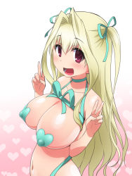 Rule 34 | 1girl, bare shoulders, blonde hair, blush, breasts, character request, choker, copyright request, covered erect nipples, double v, elf k, eyebrows, hair between eyes, hair ribbon, happy, highres, large breasts, long hair, looking at viewer, navel, pasties, puffy nipples, red eyes, ribbon, simple background, smile, solo, standing, twintails, upper body, v