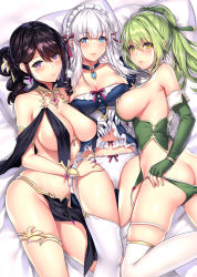 Rule 34 | 3girls, :d, areola slip, aruma jiki, ass, bare shoulders, bed, bed sheet, black hair, blue eyes, blush, bracelet, breasts, character request, cleavage, closed mouth, commentary request, cover, cover page, drill hair, elbow gloves, fingerless gloves, garter straps, girl sandwich, gloves, green gloves, green hair, green panties, green ribbon, groin, hair between eyes, hair ribbon, hand under clothes, hikikomori no saikyou kenja wa dungeon de harem dekiru kara soto ni detakunai!, jewelry, large breasts, loincloth, looking at viewer, maid headdress, multiple girls, navel, novel cover, novel illustration, official art, open mouth, panties, ponytail, purple eyes, red ribbon, ribbon, sandwiched, sideboob, skindentation, smile, thighhighs, thighs, underwear, white hair, white legwear, white panties, yellow eyes
