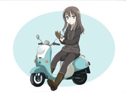 Rule 34 | 1girl, black footwear, black hair, black jacket, black pantyhose, blue eyes, boots, brown gloves, cigarette, closed mouth, commentary, elizabeth f. beurling, gloves, jacket, long hair, long sleeves, looking at viewer, motor vehicle, oval, pantyhose, riding, scooter, sitting, smoking, solo, vehicle request, wan&#039;yan aguda, world witches series, yamaha, yamaha vino