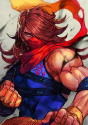 Rule 34 | 1boy, armband, belt, brown eyes, brown hair, capcom, clenched hand, covered mouth, hungry clicker, male focus, manly, muscular, ninja, scarf, solo, spiked hair, street fighter, street fighter v, strider (video game), strider hiryuu, weapon, zeku
