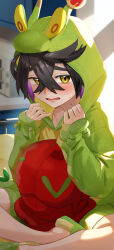 Rule 34 | 1boy, absurdres, alternate costume, black hair, blurry, blurry background, blush, commentary request, creatures (company), crossed bangs, game freak, green footwear, green hoodie, green shorts, hair between eyes, hands up, highres, hood, hood up, hoodie, hydrapple, indoors, issa (user csud2242), kieran (pokemon), long sleeves, looking at viewer, male focus, mole, mole on neck, nintendo, open mouth, pokemon, pokemon sv, short hair, shorts, shy, sitting, sleeves past wrists, slippers, solo, sweatdrop, themed object