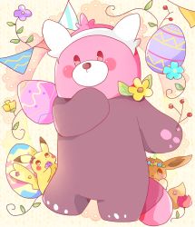 Rule 34 | bad id, bad pixiv id, bear, bewear, blue flower, blush stickers, brown background, commentary, creatures (company), easter, easter egg, eevee, egg, english commentary, flower, game freak, gen 1 pokemon, gen 7 pokemon, green flower, nintendo, no humans, pennant, pikachu, pokemon, pokemon (creature), purple flower, standing, string of flags, striped, striped background, tsukiyo (skymint), vertical stripes, yellow flower