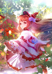 Rule 34 | 1girl, absurdres, arm at side, blue flower, blunt bangs, blurry, bokeh, branch, brown hair, cape, collared cape, day, depth of field, floating hair, flower, frilled cape, frilled skirt, frills, hair flower, hair ornament, heel up, highres, komorihikki, leaf, light particles, long hair, long sleeves, looking at viewer, looking back, original, outdoors, plant, purple flower, red cape, red eyes, red skirt, sidelocks, skirt, solo, star (symbol), tree, two-tone cape, two-tone skirt, white cape, white skirt
