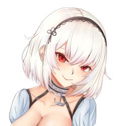 Rule 34 | 1girl, absurdres, anchor symbol, azur lane, breasts, cleavage, collar, highres, large breasts, metal collar, misoni (kenisbyakusiki), puffy short sleeves, puffy sleeves, red eyes, short hair, short sleeves, simple background, sirius (azur lane), solo, upper body, white background, white hair