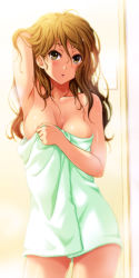 Rule 34 | 1girl, areola slip, arm up, blush, breasts, brown eyes, brown hair, extra, holding, k-on!, looking at viewer, naked towel, open mouth, shian (my lonly life.), solo, tachibana himeko, towel, wet, yellow eyes