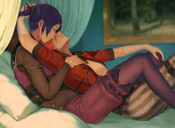 Rule 34 | 2girls, absurdres, arcane: league of legends, arcane caitlyn, arcane vi, bad id, bad pixiv id, bandaged arm, bandaged hand, bandages, black hair, blurry, blurry background, breasts, brown pants, caitlyn (league of legends), curtains, feet out of frame, from side, highres, jacket, league of legends, lin jingai, long sleeves, looking at another, lying, multiple girls, on back, open clothes, open jacket, pants, pantyhose, parted lips, pillow, ponytail, profile, red hair, red jacket, short sleeves, sitting, small breasts, smile, striped clothes, striped pants, vi (league of legends), yuri