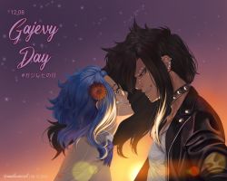 Rule 34 | 1boy, 1girl, absurdres, annlu vazzel, artist name, black hair, black jacket, blue hair, blue neckwear, bow, bowtie, collarbone, commentary, dated, ear piercing, earrings, english commentary, eye contact, fairy tail, flower, from side, gajeel redfox, glasses, grin, hair flower, hair ornament, highres, jacket, jewelry, levy mcgarden, long hair, looking at another, medium hair, messy hair, open clothes, open jacket, outdoors, piercing, profile, red eyes, red flower, round eyewear, shirt, smile, sunset, teeth, translation request, upper body, white shirt