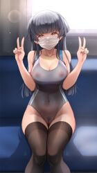 Rule 34 | 1girl, alternate costume, bare shoulders, black hair, black thighhighs, breasts, cameltoe, cleavage, cleft of venus, collarbone, commentary request, competition swimsuit, covered navel, double v, exhibitionism, feet out of frame, fingernails, groin, highres, idolmaster, idolmaster shiny colors, looking at viewer, mask, mayuzumi fuyuko, medium breasts, mk (mod0), mouth mask, one-piece swimsuit, out of frame, public indecency, sitting, solo, solo focus, sweatdrop, swimsuit, thighhighs, train interior, v, white mask