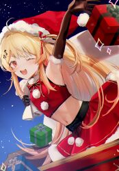 Rule 34 | 1girl, ahoge, akebisousaku, black gloves, blonde hair, blush, bow, box, elbow gloves, fortissimo, fur-trimmed gloves, fur-trimmed skirt, fur trim, gift, gift box, gloves, hair ornament, hair ribbon, hat, highres, holding, holding sack, hololive, hololive dev is, long hair, looking at viewer, musical note, musical note hair ornament, one eye closed, one side up, open mouth, otonose kanade, pom pom (clothes), red eyes, red hat, red ribbon, red shirt, red skirt, ribbon, sack, santa costume, santa hat, shirt, skirt, sky, smile, solo, star (sky), starry sky, virtual youtuber