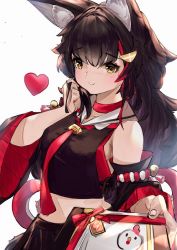 Rule 34 | 1girl, animal ear fluff, animal ears, backlighting, bell, bird, black hair, blush, box, breasts, chicken, choker, closed mouth, commentary, cowboy shot, crop top, detached sleeves, eyelashes, gift, gift box, hair between eyes, hair ornament, heart, holding, holding hair, hololive, kouhaku nawa, long hair, looking at viewer, majo (pastamajo), medium breasts, midriff, multicolored hair, navel, ookami mio, ookami mio (1st costume), outstretched hand, pov, red choker, red hair, red neckwear, rope, shimenawa, simple background, smile, solo, streaked hair, tail, two-tone hair, virtual youtuber, white background, wide sleeves, wolf ears, wolf tail, yellow eyes