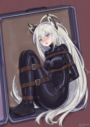 Rule 34 | 1girl, absurdres, ahoge, animal ears, arms behind back, azur lane, bdsm, blue eyes, bodysuit, bondage, bound, breasts, dated, fox ears, fox girl, fox tail, heart, heart-shaped pupils, highres, kawakaze (azur lane), long hair, medium breasts, nero augustus, open mouth, oxygen mask, restrained, symbol-shaped pupils, tail, very long hair, white hair
