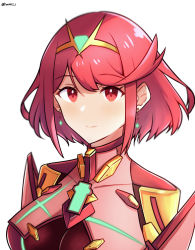 Rule 34 | 1girl, absurdres, armor, blush, bodysuit, breasts, chest jewel, closed mouth, commentary request, earrings, eyelashes, gem, gold trim, headpiece, highres, jewelry, large breasts, looking at viewer, medium hair, portrait, pyra (xenoblade), reason3 s, red bodysuit, red eyes, red hair, shadow, shiny clothes, sidelocks, simple background, solo, swept bangs, tiara, twitter username, white background, xenoblade chronicles (series), xenoblade chronicles 2