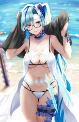 Rule 34 | 1girl, asymmetrical bangs, bare shoulders, beach, bikini, blue-framed eyewear, blue hair, blush, breasts, bridal garter, brynhildr (fate), brynhildr (swimsuit berserker) (fate), brynhildr (swimsuit berserker) (first ascension) (fate), cleavage, collarbone, cowboy shot, day, fate/grand order, fate (series), glasses, hair ornament, hair scrunchie, head tilt, highres, large breasts, long hair, looking at viewer, navel, neck garter, nicky w, ocean, one side up, outdoors, parted lips, planted, planted sword, planted weapon, purple eyes, scrunchie, see-through, semi-rimless eyewear, smile, solo, stomach, swimsuit, sword, thighs, towel, under-rim eyewear, very long hair, water, weapon, white bikini
