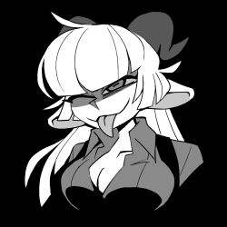 Rule 34 | 1girl, baphomet (grizz), black background, breasts, cleavage, collared shirt, commentary, demon girl, goat horns, greyscale, helltaker, horns, large breasts, long hair, long tongue, monochrome, one eye closed, shirt, simple background, smile, solo, tongue, tongue out, vanripper