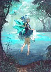 Rule 34 | 1girl, alternate costume, barefoot, berabou, blue bow, blue dress, blue eyes, blue hair, bow, cirno, day, dress, from behind, full body, hair bow, highres, ice, ice wings, kneepits, lake, looking at viewer, looking back, nature, outdoors, short hair, solo, sundress, touhou, tree, wings