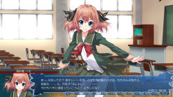 Rule 34 | 1girl, black ribbon, blue eyes, brown hair, candy, chair, chalkboard, classroom, commentary request, desk, fake screenshot, food, green jacket, green sailor collar, green skirt, hachijou (kancolle), hair ribbon, inaba shiki, indoors, jacket, kantai collection, lollipop, long sleeves, looking at viewer, neck ribbon, one-hour drawing challenge, pleated skirt, red ribbon, ribbon, sailor collar, school chair, school desk, school uniform, serafuku, short hair, skirt, smile, solo, translation request, visual novel, window