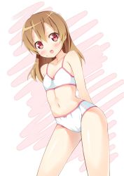 Rule 34 | 10s, 1girl, :o, arms behind back, blush, bow, bow bra, bow panties, bra, brown hair, child, cowboy shot, flat chest, from below, kazuma (kazumav), looking at viewer, looking down, navel, open mouth, panties, red eyes, silica, solo, standing, sweatdrop, sword art online, training bra, underwear, underwear only, white bra, white panties